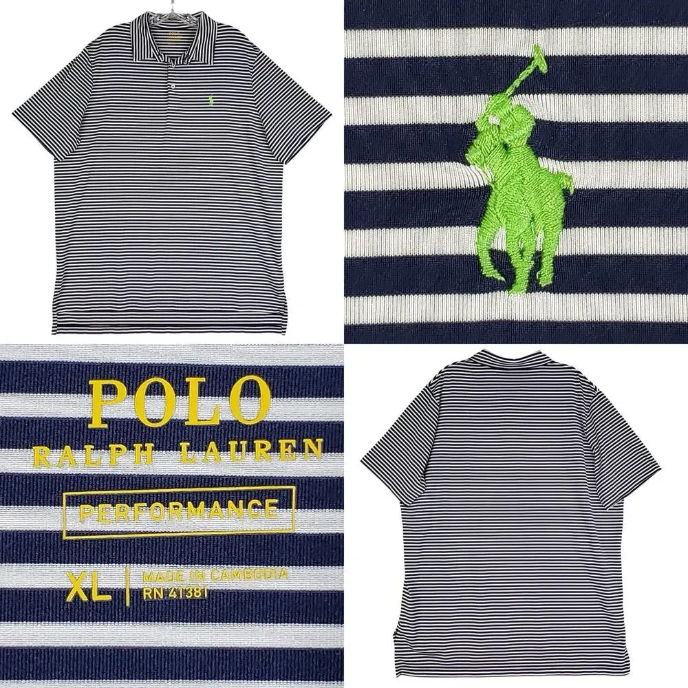 Polo Ralph Lauren Performance Polo Shirt Mens Size XL Blue White Stripe Golf